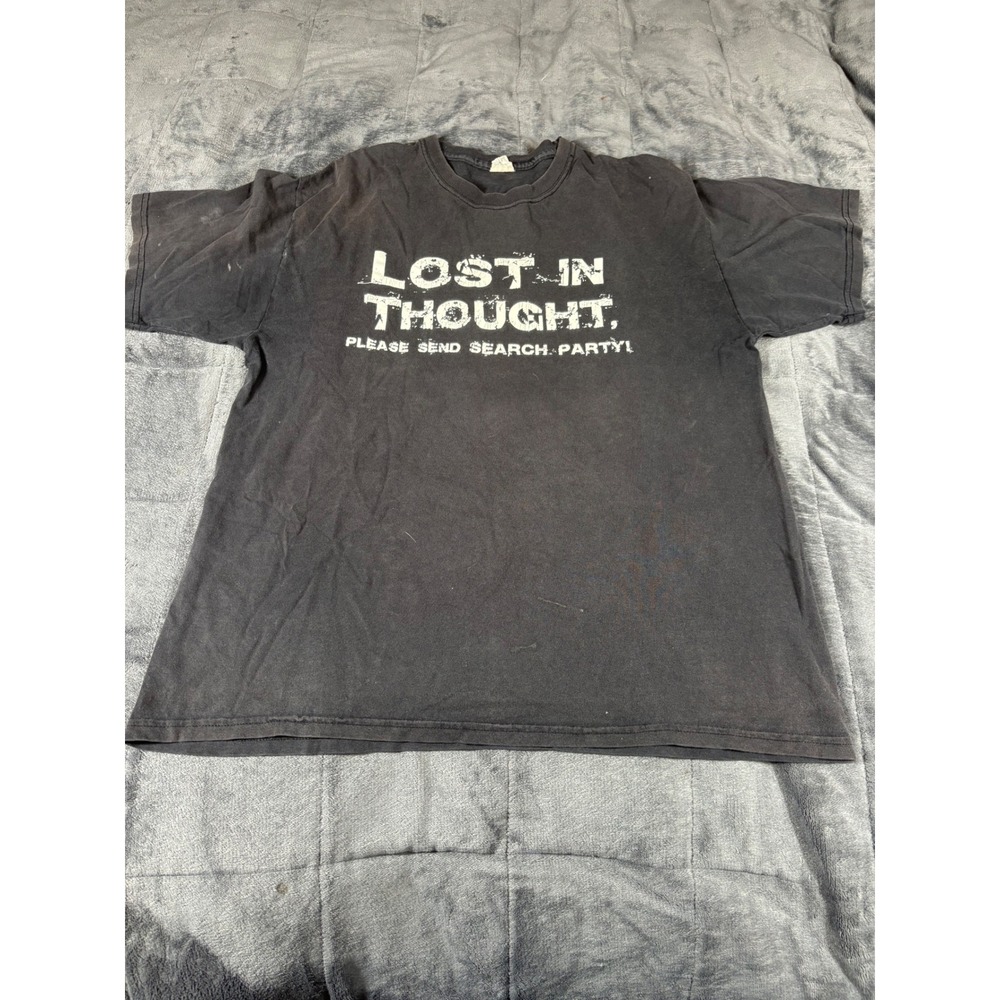 Vintage Hanes Heavyweight Thrashed Graphic T-Shirt Black  Large Lost In Thought